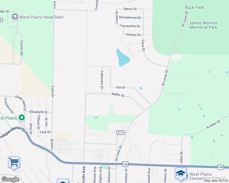 map of restaurants, bars, coffee shops, grocery stores, and more near 203 Rader Drive in West Plains