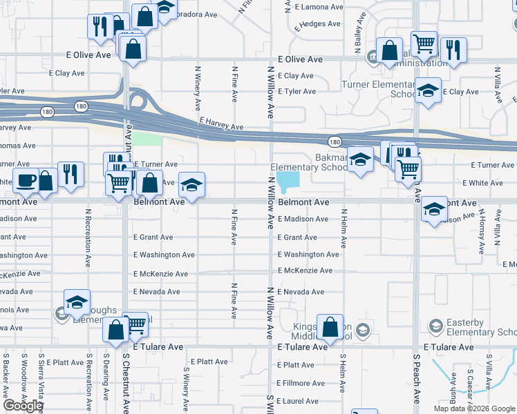 map of restaurants, bars, coffee shops, grocery stores, and more near 4984 East Belmont Avenue in Fresno
