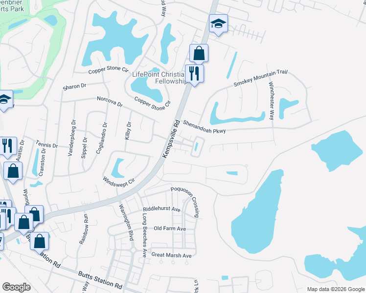 map of restaurants, bars, coffee shops, grocery stores, and more near 1401 Sommerton Way in Chesapeake