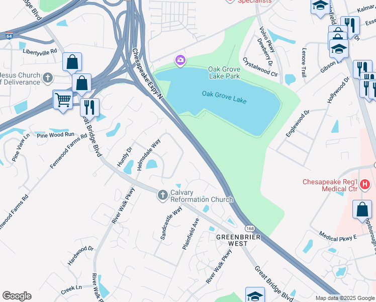 map of restaurants, bars, coffee shops, grocery stores, and more near 760 Helmsdale Way in Chesapeake