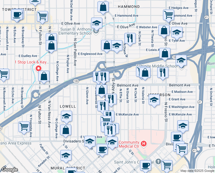 map of restaurants, bars, coffee shops, grocery stores, and more near 1704 East Belmont Avenue in Fresno