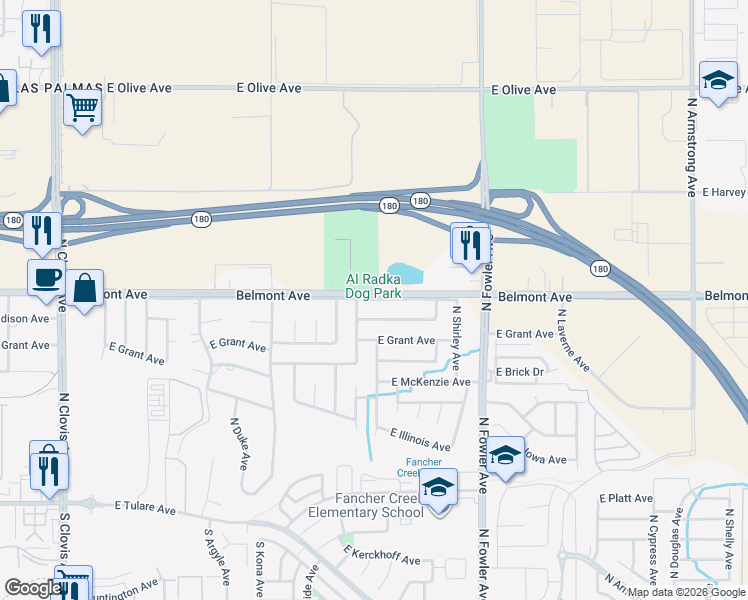 map of restaurants, bars, coffee shops, grocery stores, and more near 4893 East Belmont Avenue - Frontage Road in Fresno