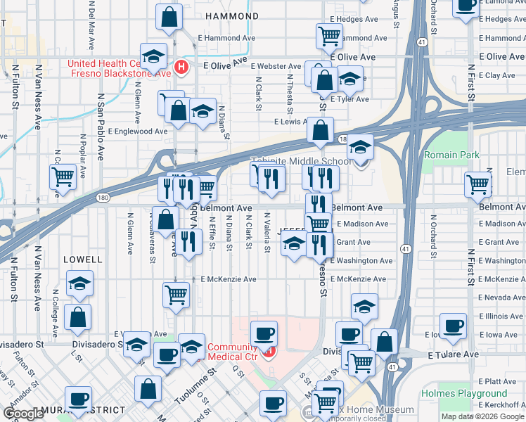 map of restaurants, bars, coffee shops, grocery stores, and more near 462 North Clark Street in Fresno