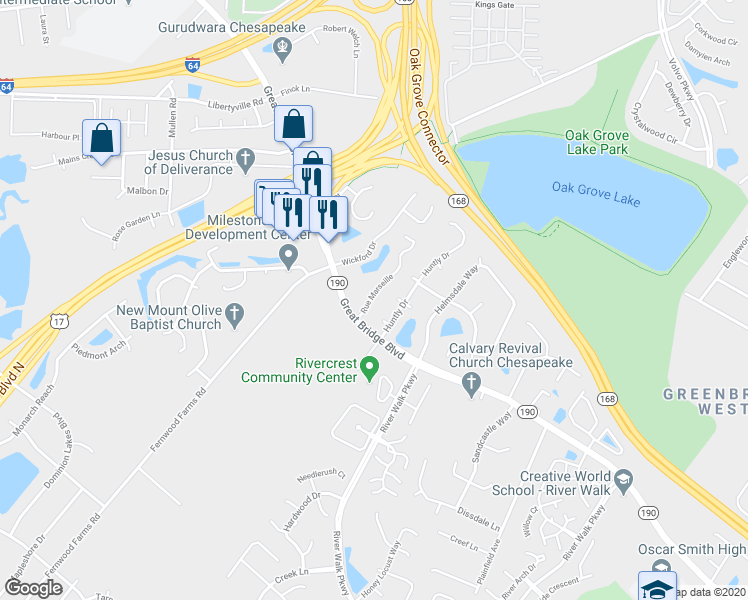 map of restaurants, bars, coffee shops, grocery stores, and more near 611 Rue Marseille in Chesapeake