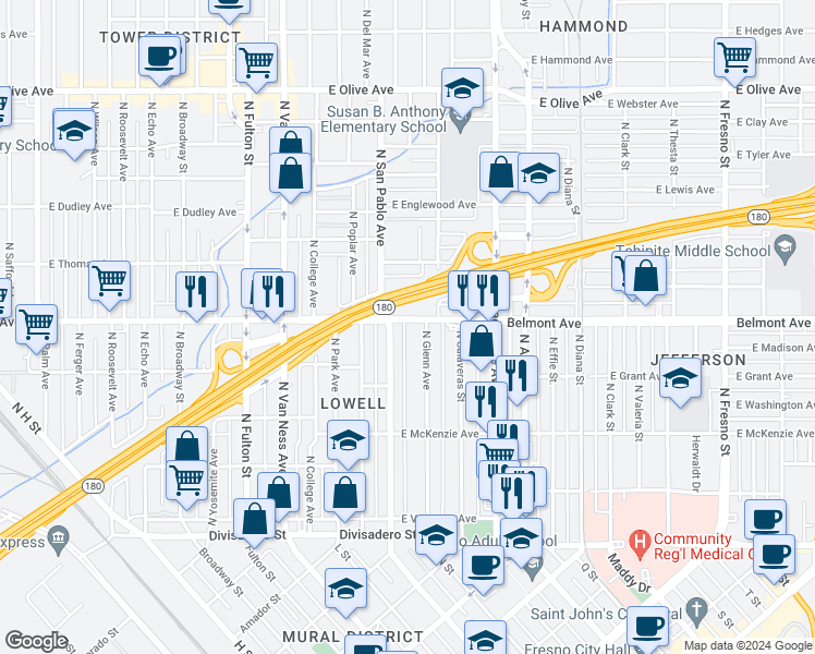 map of restaurants, bars, coffee shops, grocery stores, and more near in Fresno