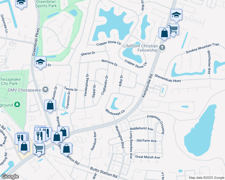map of restaurants, bars, coffee shops, grocery stores, and more near 1038 Windswept Circle in Chesapeake
