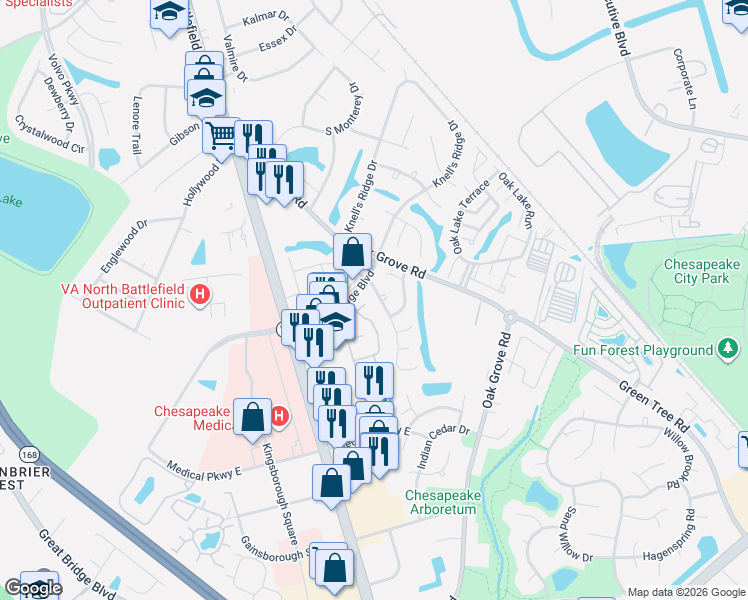 map of restaurants, bars, coffee shops, grocery stores, and more near 820 Nottaway Drive in Chesapeake