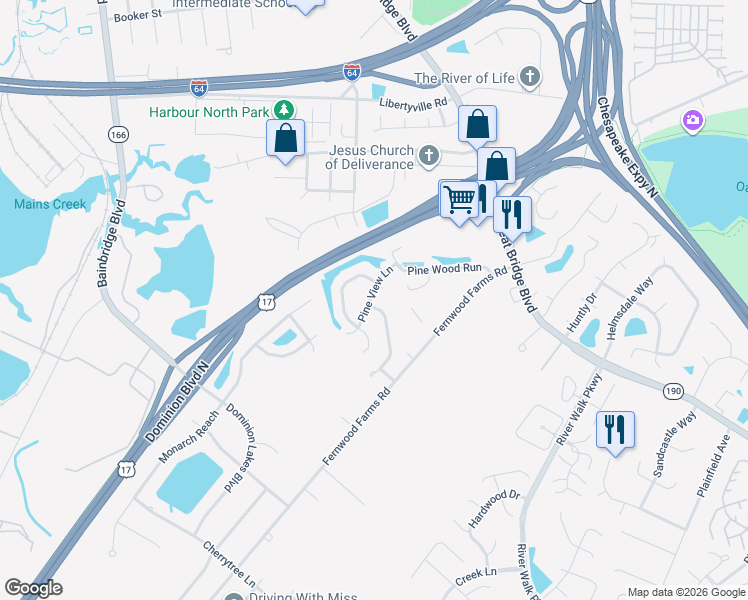 map of restaurants, bars, coffee shops, grocery stores, and more near 493 Cobblewood Bend in Chesapeake