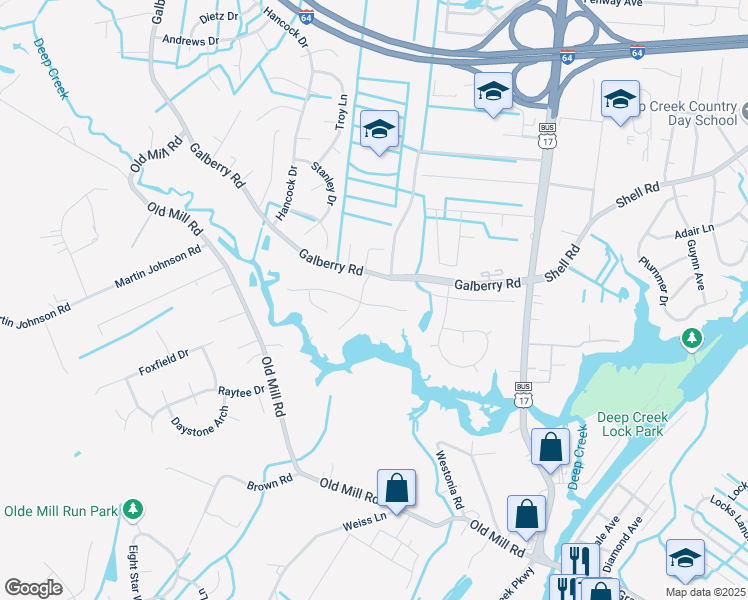 map of restaurants, bars, coffee shops, grocery stores, and more near 2921 Barn Way in Chesapeake