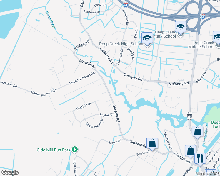 map of restaurants, bars, coffee shops, grocery stores, and more near 3500 Old Mill Road in Chesapeake