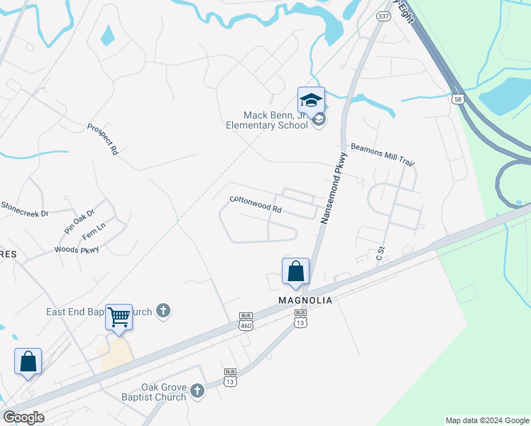 map of restaurants, bars, coffee shops, grocery stores, and more near Adrianne Ct in Suffolk