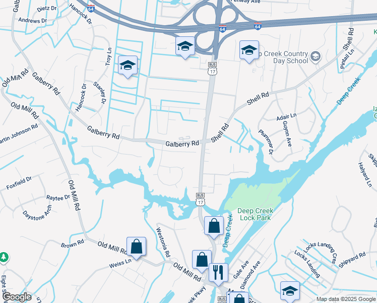 map of restaurants, bars, coffee shops, grocery stores, and more near 2820 Old Galberry Road in Chesapeake