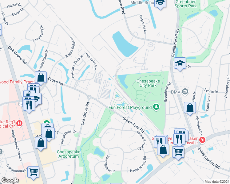 map of restaurants, bars, coffee shops, grocery stores, and more near 459 Blue Beech Way in Chesapeake