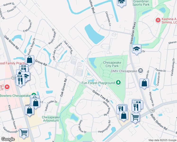 map of restaurants, bars, coffee shops, grocery stores, and more near 628 Sweet Leaf Place in Chesapeake