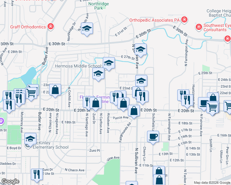 map of restaurants, bars, coffee shops, grocery stores, and more near 1620 East 21st Street in Farmington