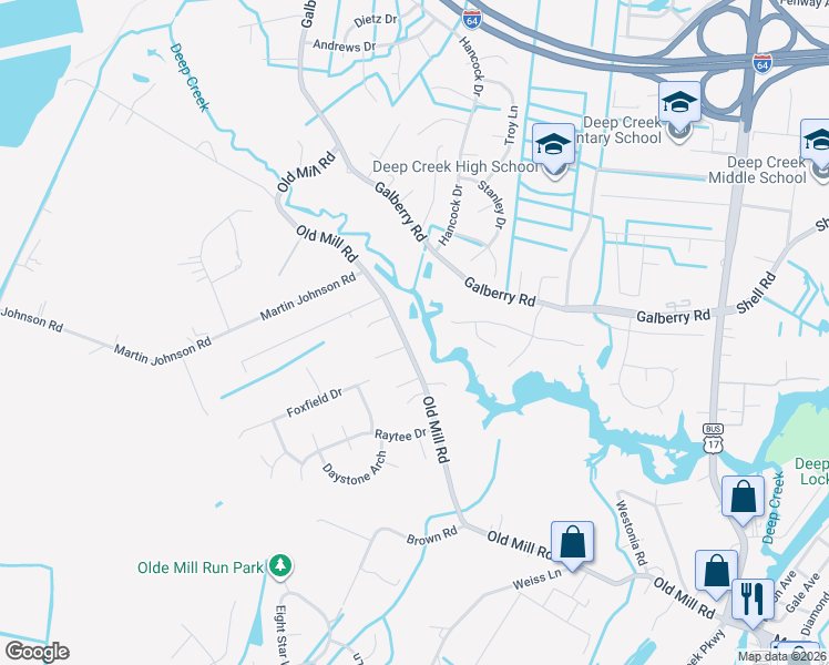 map of restaurants, bars, coffee shops, grocery stores, and more near 3500 Old Mill Road in Chesapeake