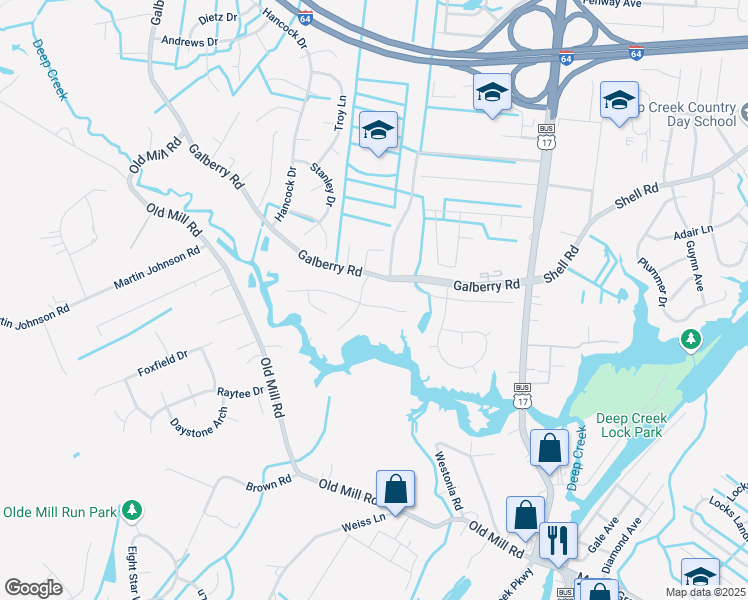 map of restaurants, bars, coffee shops, grocery stores, and more near 2921 Barn Way in Chesapeake