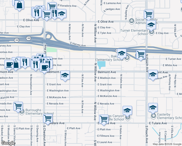 map of restaurants, bars, coffee shops, grocery stores, and more near 4984 East Belmont Avenue in Fresno