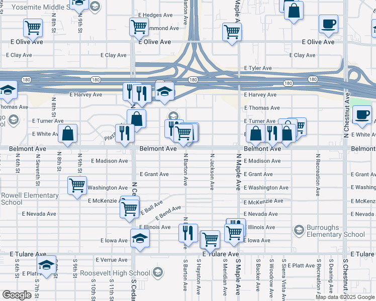 map of restaurants, bars, coffee shops, grocery stores, and more near 4502 East Belmont Avenue in Fresno