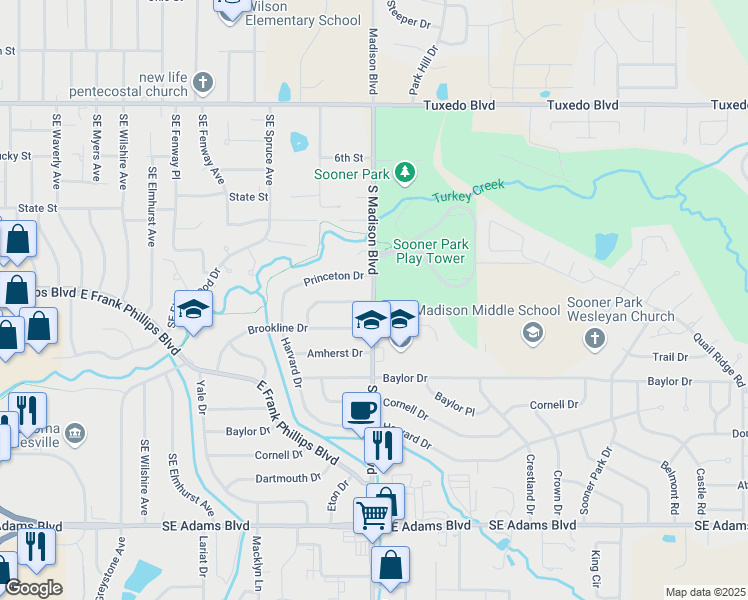 map of restaurants, bars, coffee shops, grocery stores, and more near 500 Southeast Madison Boulevard in Bartlesville