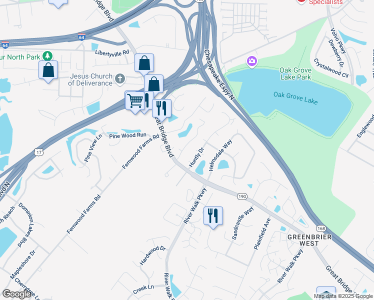 map of restaurants, bars, coffee shops, grocery stores, and more near 505 Rue Marseille in Chesapeake