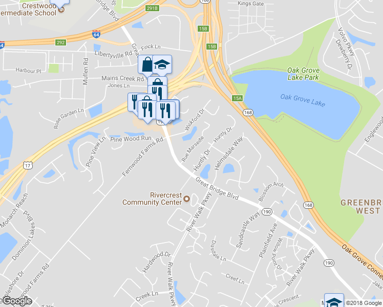 map of restaurants, bars, coffee shops, grocery stores, and more near 605 Rue Marseille in Chesapeake