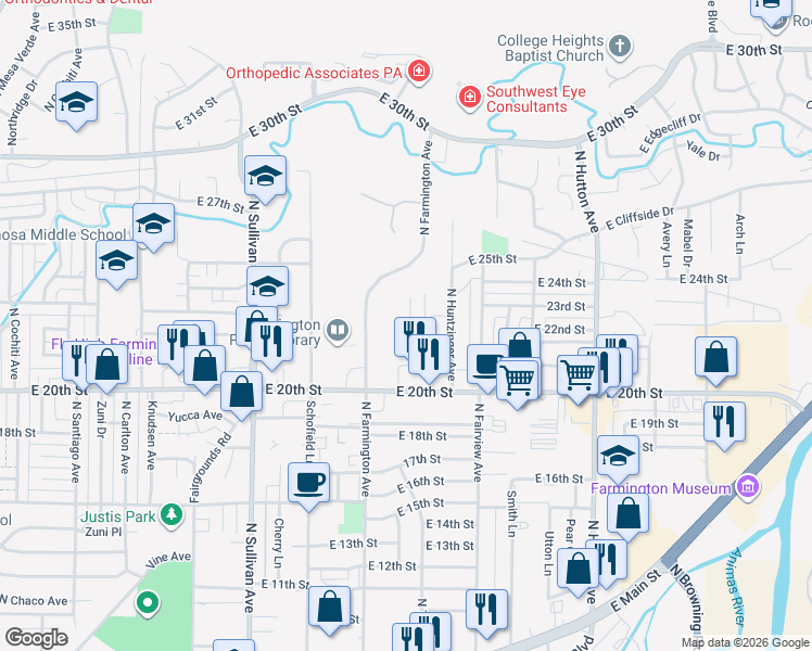 map of restaurants, bars, coffee shops, grocery stores, and more near 2105 North Tucker Avenue in Farmington