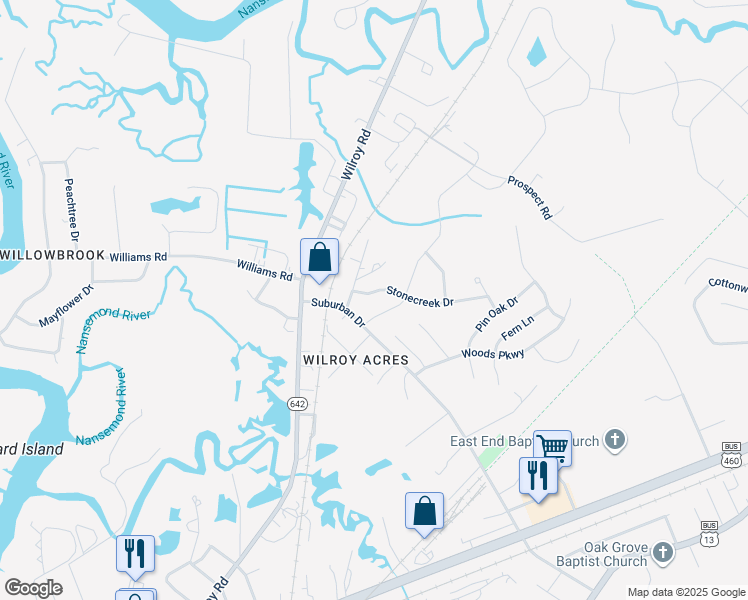 map of restaurants, bars, coffee shops, grocery stores, and more near 2001 Redgate Drive in Suffolk