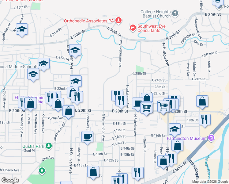 map of restaurants, bars, coffee shops, grocery stores, and more near 2105 North Tucker Avenue in Farmington