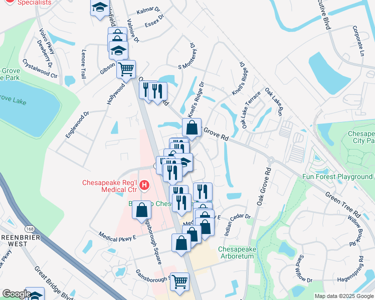 map of restaurants, bars, coffee shops, grocery stores, and more near 602 Ridge Circle in Chesapeake