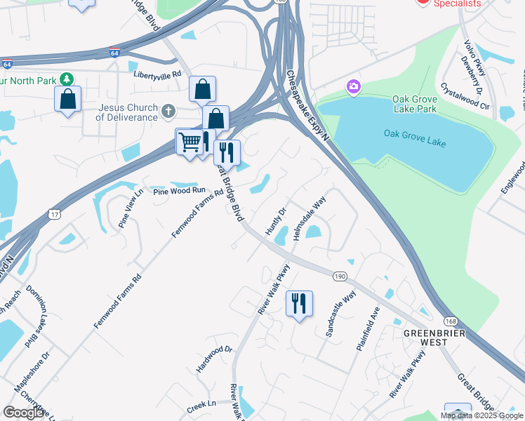 map of restaurants, bars, coffee shops, grocery stores, and more near 505 Rue Marseille in Chesapeake