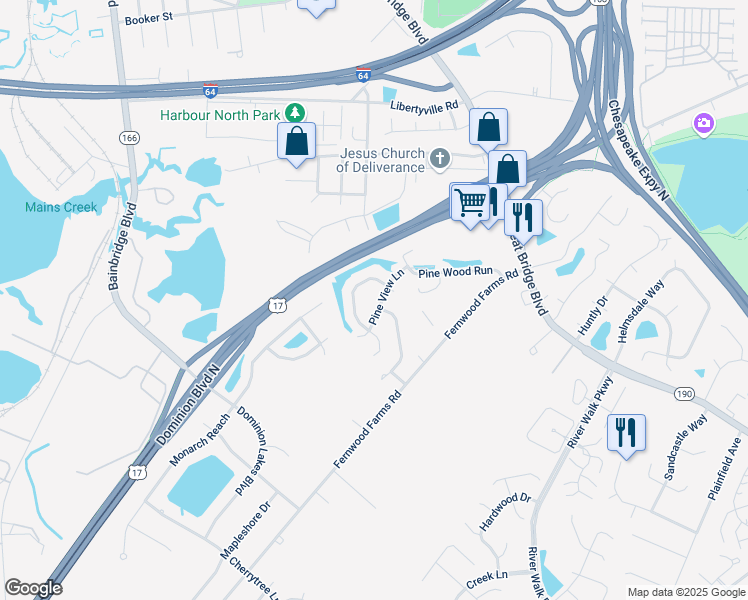 map of restaurants, bars, coffee shops, grocery stores, and more near 493 Cobblewood Bend in Chesapeake