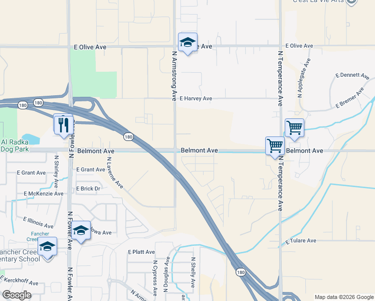 map of restaurants, bars, coffee shops, grocery stores, and more near 6539 East Belmont Avenue in Fresno