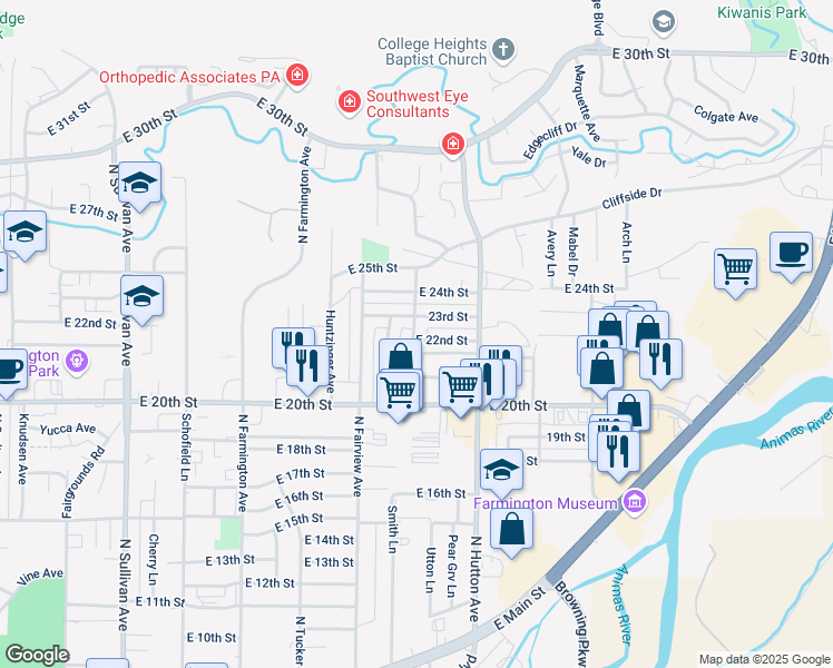 map of restaurants, bars, coffee shops, grocery stores, and more near 2600 East 22nd Street in Farmington