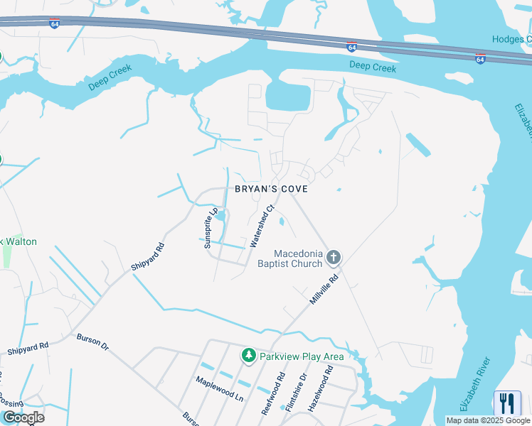 map of restaurants, bars, coffee shops, grocery stores, and more near 1761 Watershed Court in Chesapeake