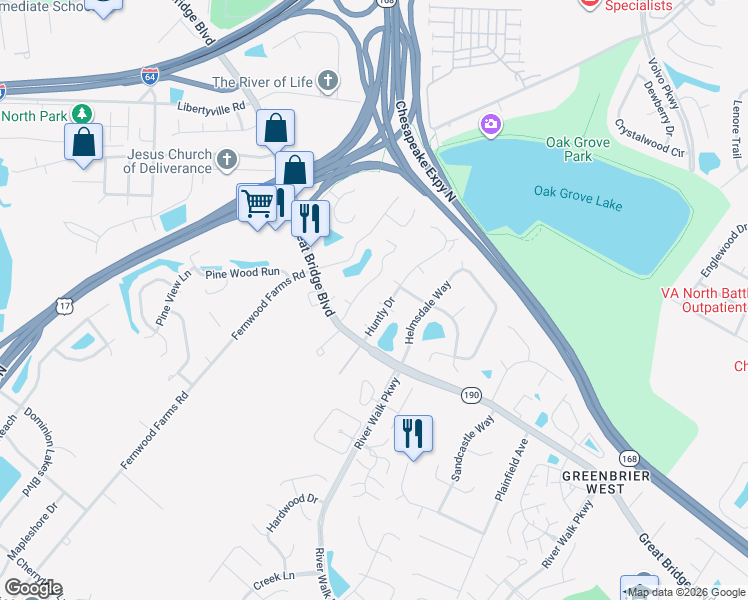 map of restaurants, bars, coffee shops, grocery stores, and more near 629 Huntly Drive in Chesapeake