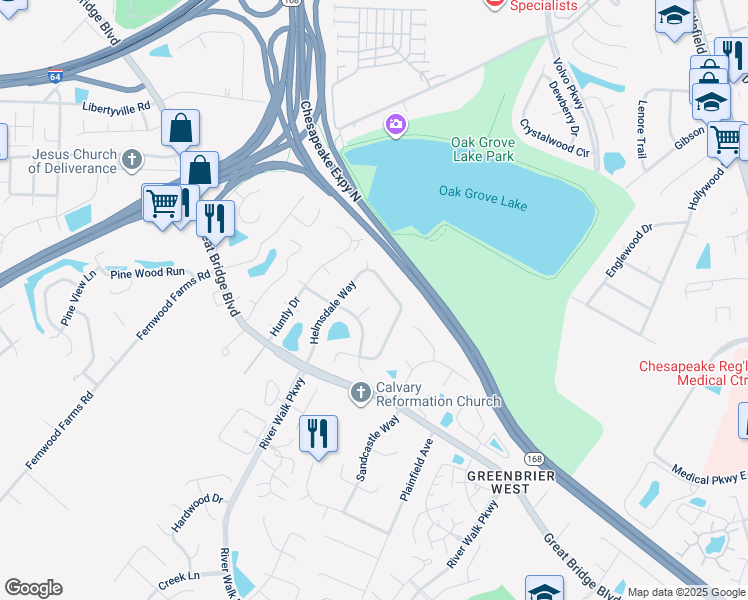 map of restaurants, bars, coffee shops, grocery stores, and more near 712 Kirkwall Court in Chesapeake