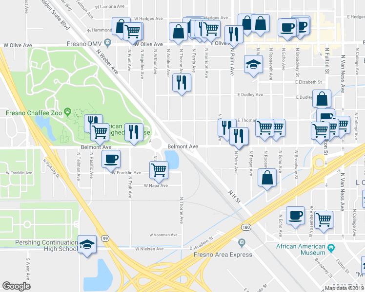 map of restaurants, bars, coffee shops, grocery stores, and more near 2 Belmont Avenue in Fresno
