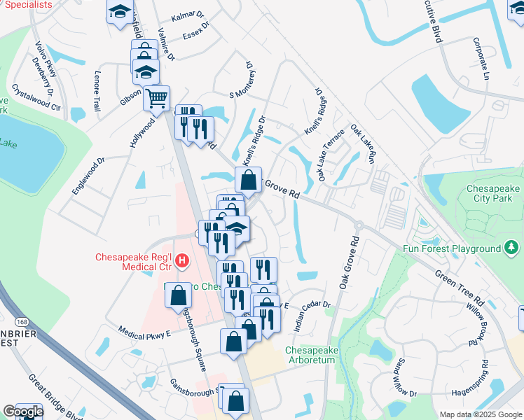 map of restaurants, bars, coffee shops, grocery stores, and more near 832 Nottaway Drive in Chesapeake