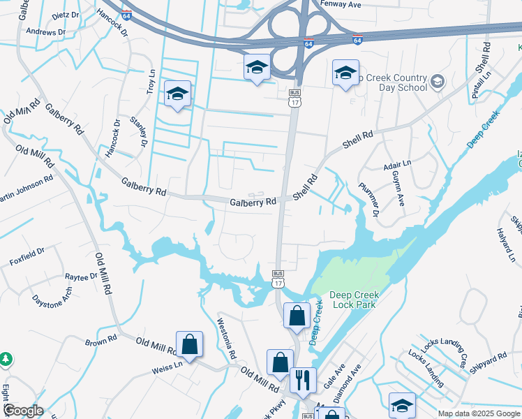 map of restaurants, bars, coffee shops, grocery stores, and more near 2820 Old Galberry Road in Chesapeake