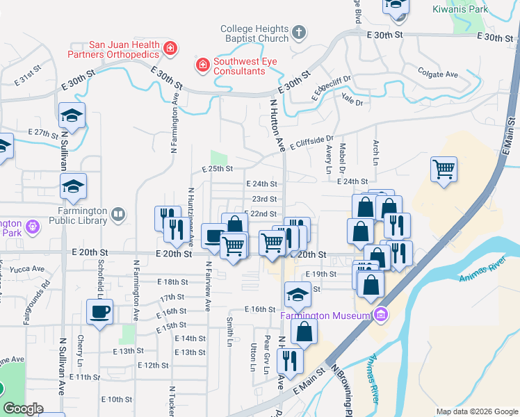 map of restaurants, bars, coffee shops, grocery stores, and more near 2613 East 22nd Street in Farmington