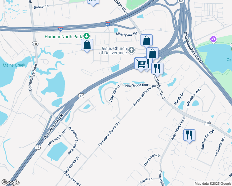 map of restaurants, bars, coffee shops, grocery stores, and more near 493 Cobblewood Bend in Chesapeake