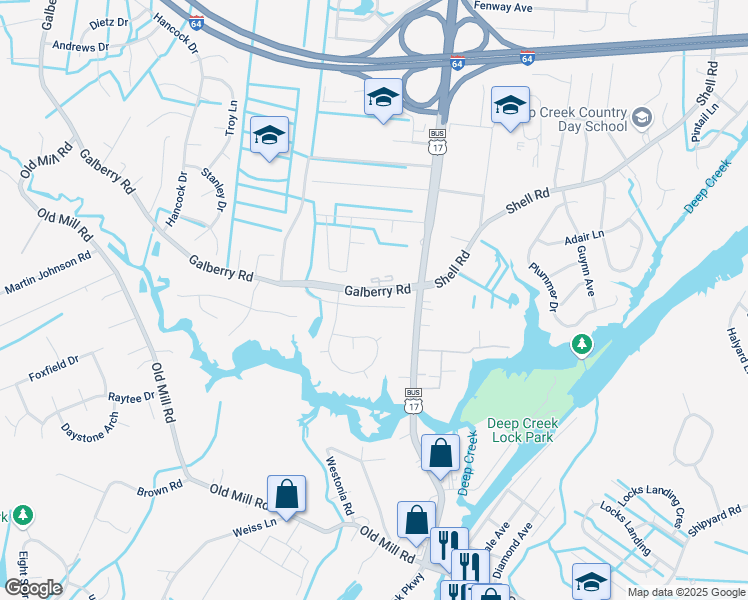 map of restaurants, bars, coffee shops, grocery stores, and more near 2841 Old Galberry Road in Chesapeake