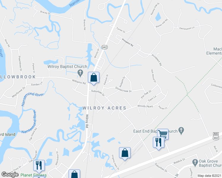 map of restaurants, bars, coffee shops, grocery stores, and more near 3010 Stonecreek Drive in Suffolk