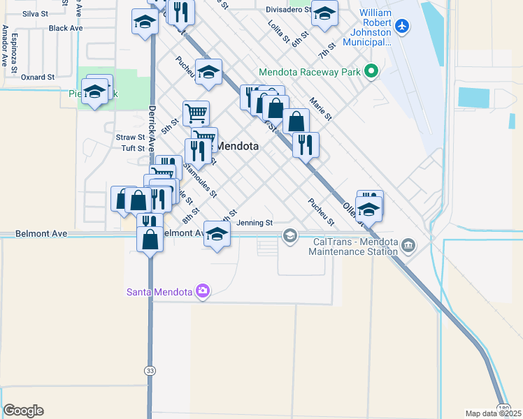 map of restaurants, bars, coffee shops, grocery stores, and more near 968 Rio Frio Street in Mendota