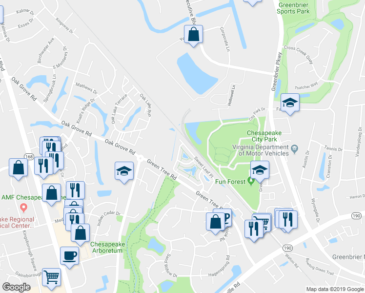 map of restaurants, bars, coffee shops, grocery stores, and more near 632 Sweet Leaf Place in Chesapeake