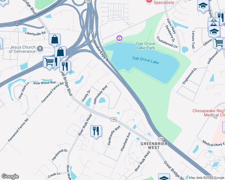 map of restaurants, bars, coffee shops, grocery stores, and more near 700 Kirkwall Court in Chesapeake