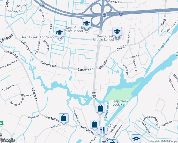 map of restaurants, bars, coffee shops, grocery stores, and more near 2821 Old Galberry Road in Chesapeake