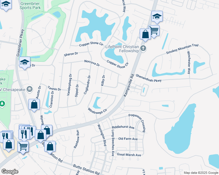 map of restaurants, bars, coffee shops, grocery stores, and more near 813 Kemp Meadow Drive in Chesapeake