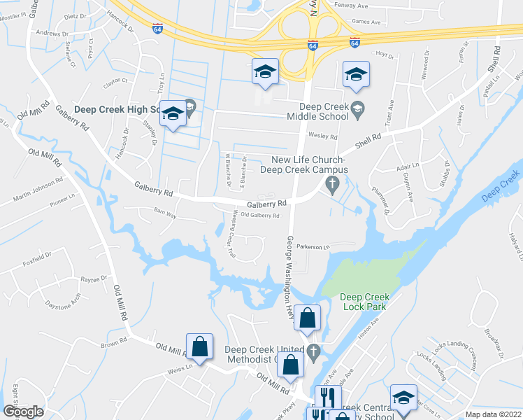 map of restaurants, bars, coffee shops, grocery stores, and more near 2841 Old Galberry Road in Chesapeake